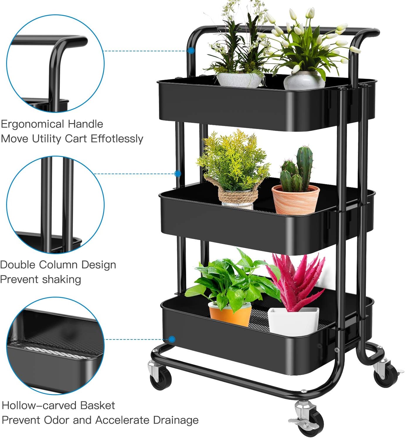 Pipishell 3 Tier Mesh Utility Cart, Rolling Metal Organization Cart with Handle and Lockable Wheels, Multifunctional Storage Shelves for Kitchen Living Room Office, Black: Home & Kitchen