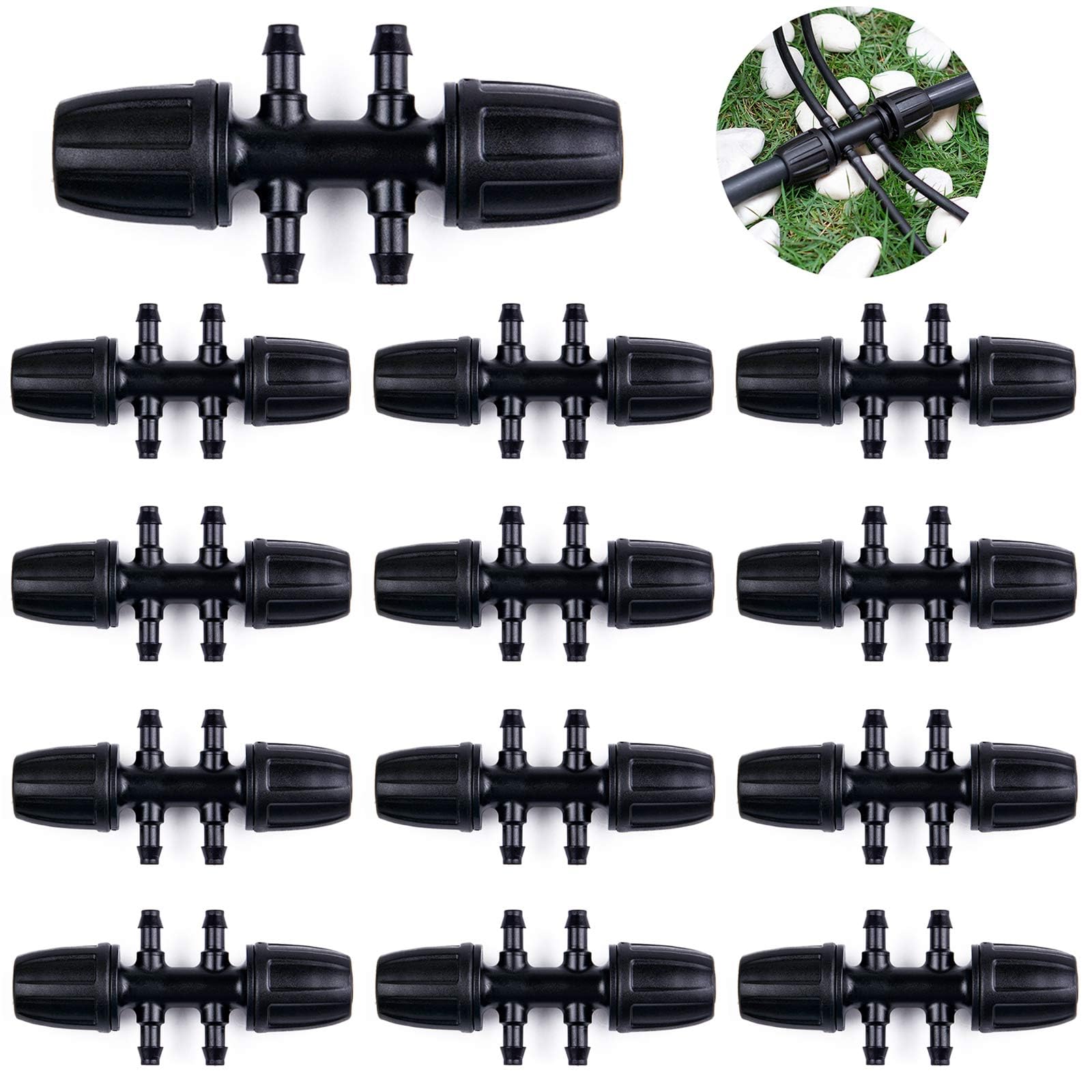 Kalolary Barbed Tee 20PCS Anti-Drop Lock Drip Irrigation Hose Fittings Connectors for Micro Spray Water Pipe Joints Fits for 8mm ID to 4mm ID Tubing 6-Way Adapter Watering Tools Lawn Garden Supplies