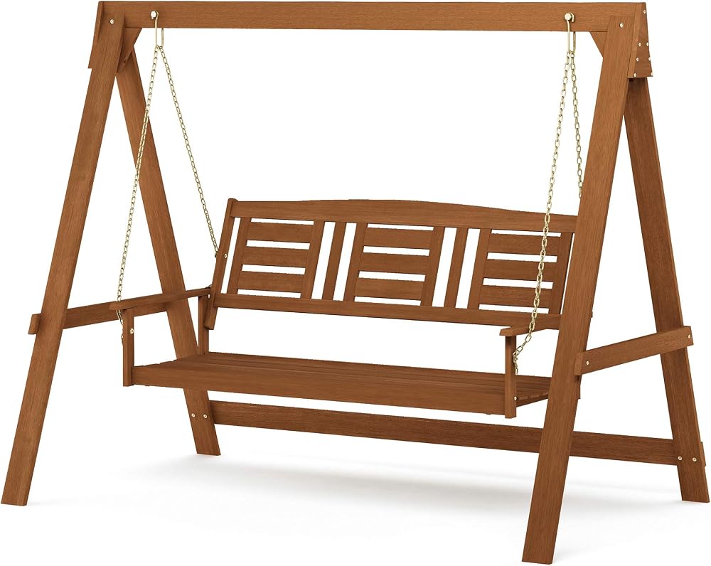 Furinno TIOMAN Outdoor 3 Seater Porch Swing with Stand, Natural Wood
