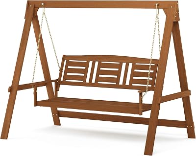 Furinno TIOMAN Outdoor 3 Seater Porch Swing with Stand, Natural Wood