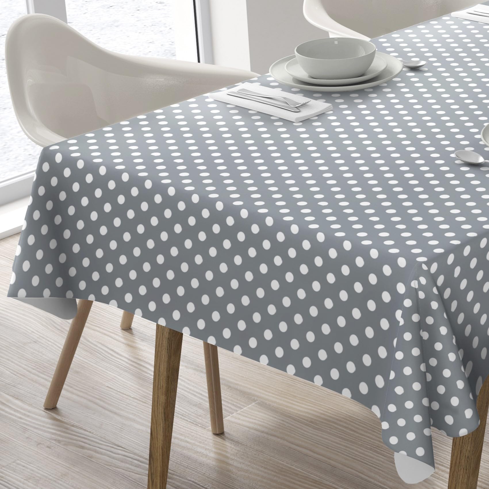 Home Direct Rectangular Oilcloth PVC Wipe Clean Tablecloth Table Cover 140cm x 200cm 55x78 Polka Dot Grey Light