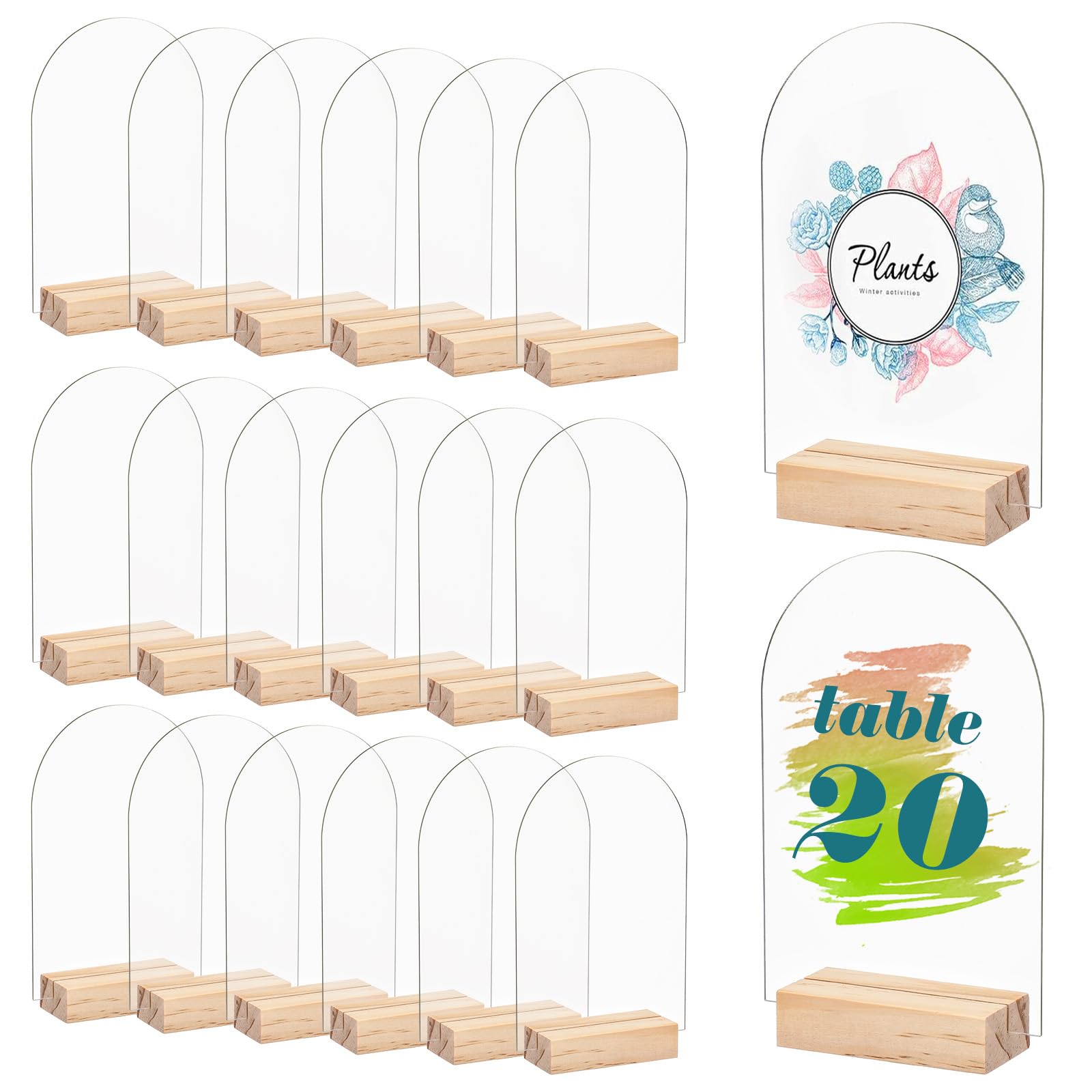 Photo 1 of 20 Pack Blank Clear Arch Acrylic Sign with Wooden Stands, Arched Round Top Acrylic Sheet, DIY Clear Arch Table Numbers for DIY Name Card Gifts Event Party Sign Decoration