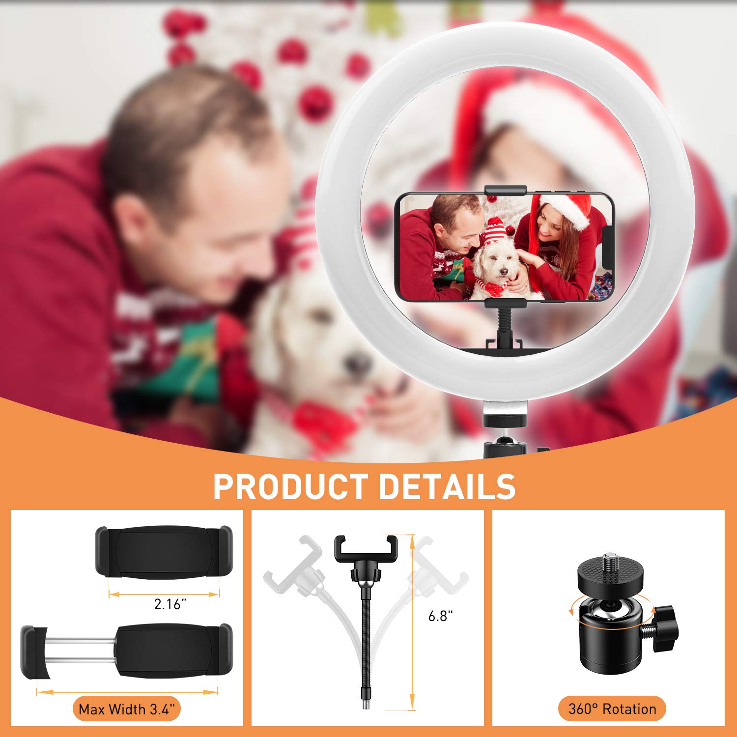 10” Ring Light LED Desktop Selfie Ring Light USB LED Desk Camera Ringlight 3 Colors Light with Tripod Stand iPhone Cell Phone Holder for Photography Makeup Live Streaming