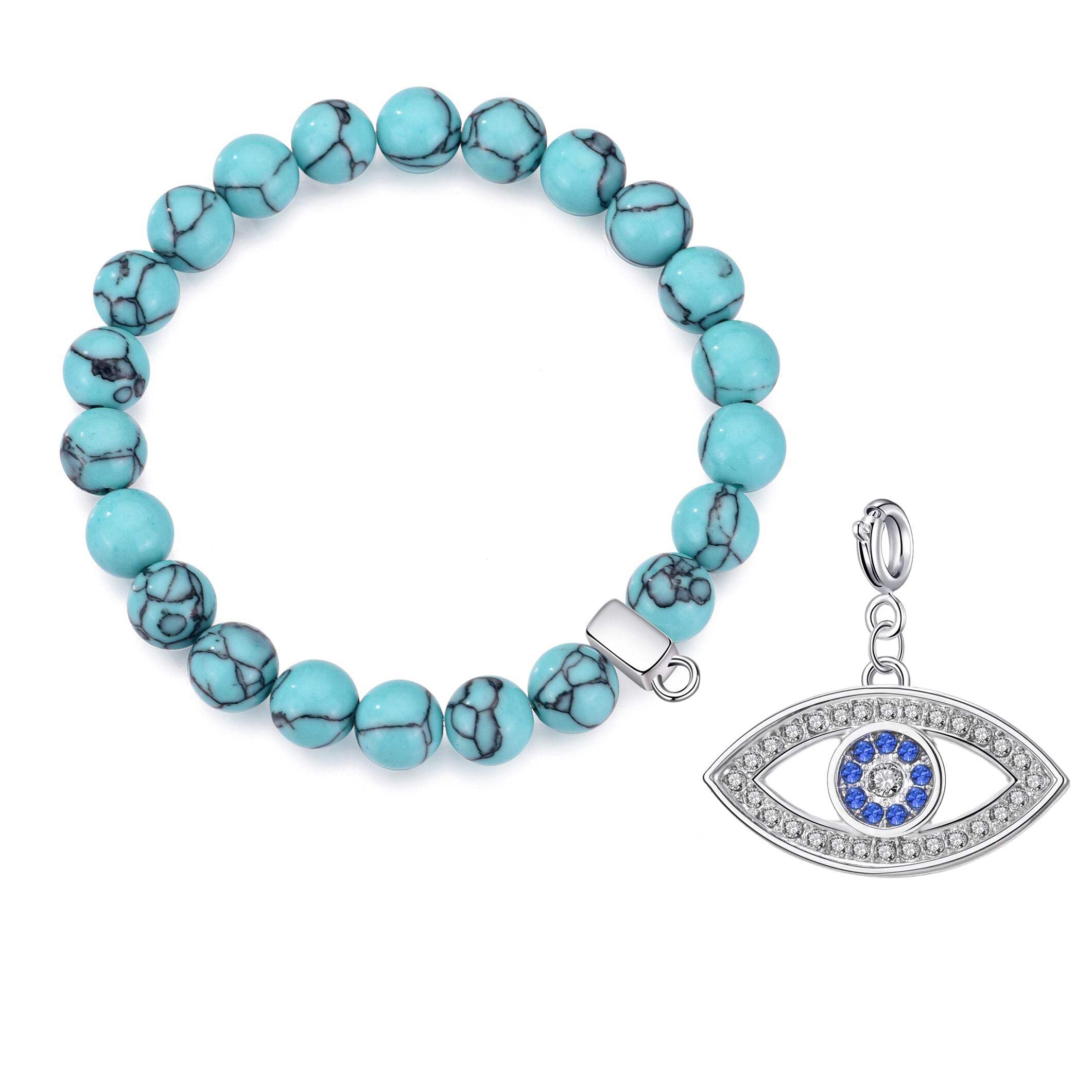 Philip Jones Synthetic Turquoise Gemstone Bracelet with Evil Eye Charm Created with Zircondia® Crystals