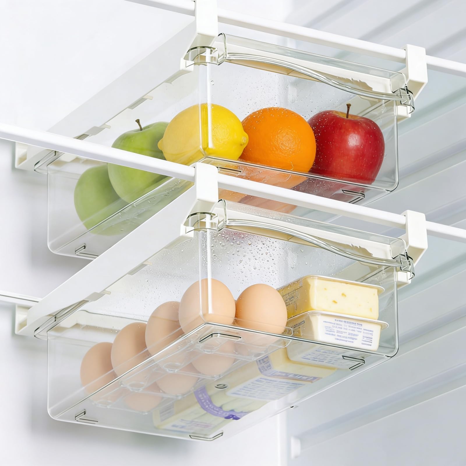 Photo 1 of URALFA Fridge Drawer Organizer, Adjustable Refrigerator Drawers for Fruit and Vegetable, Pull Out with Handle, Shelf Holder Storage Box, Fit for Fridge Shelf Under 1.1"