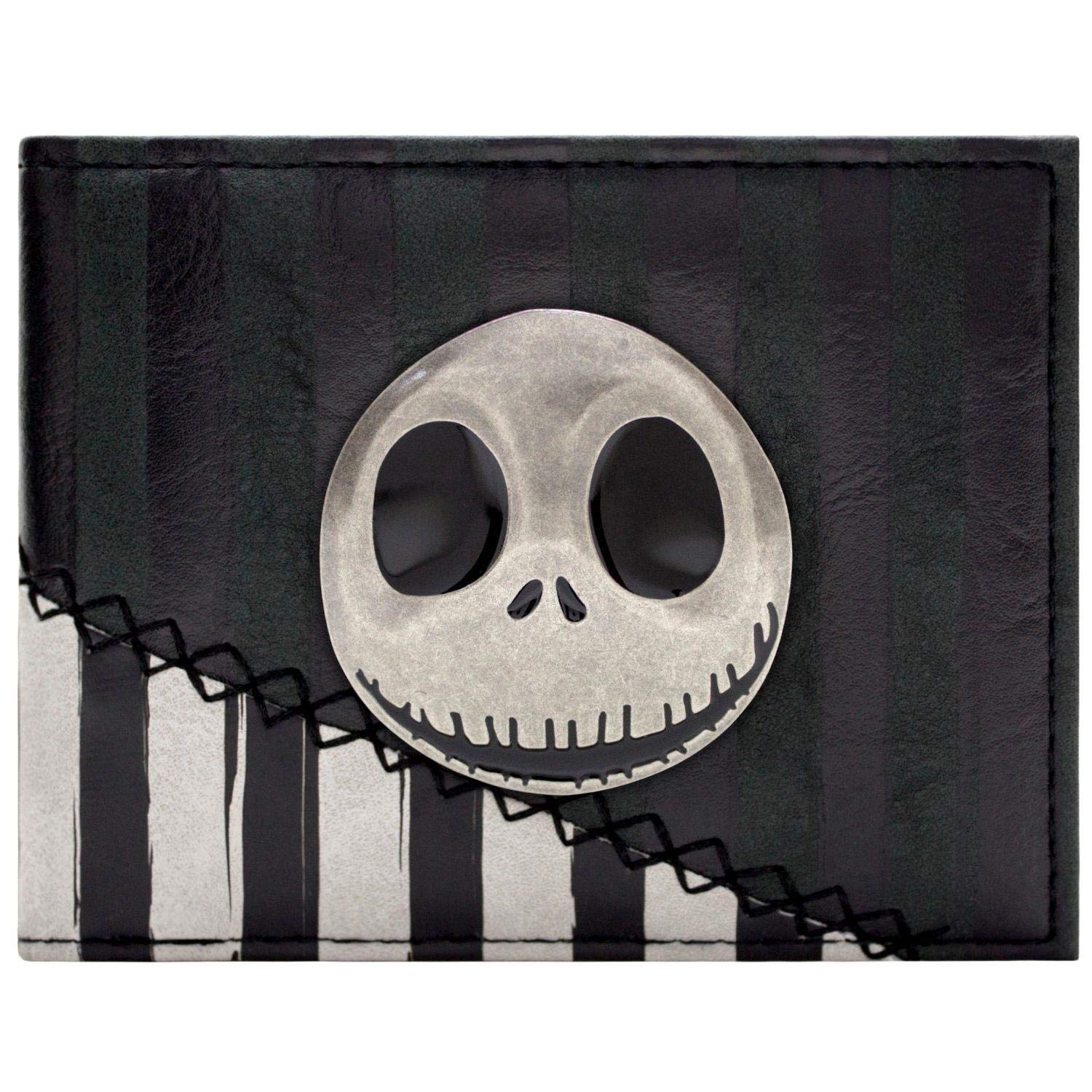 Nightmare Before Christmas Jack Outfit Striped Metal Emblem Wallet Bi-Fold ID & Card Holder, Black