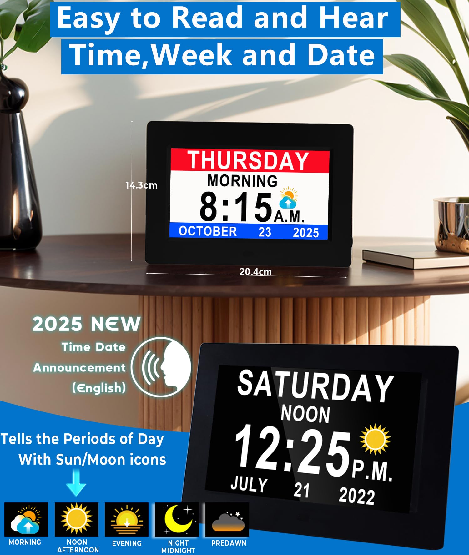 19-Alarm Digital Day Clock With Voice Talking Time - 7" HD Display, Auto DST, 20 Custom Reminders & Remote For Seniors