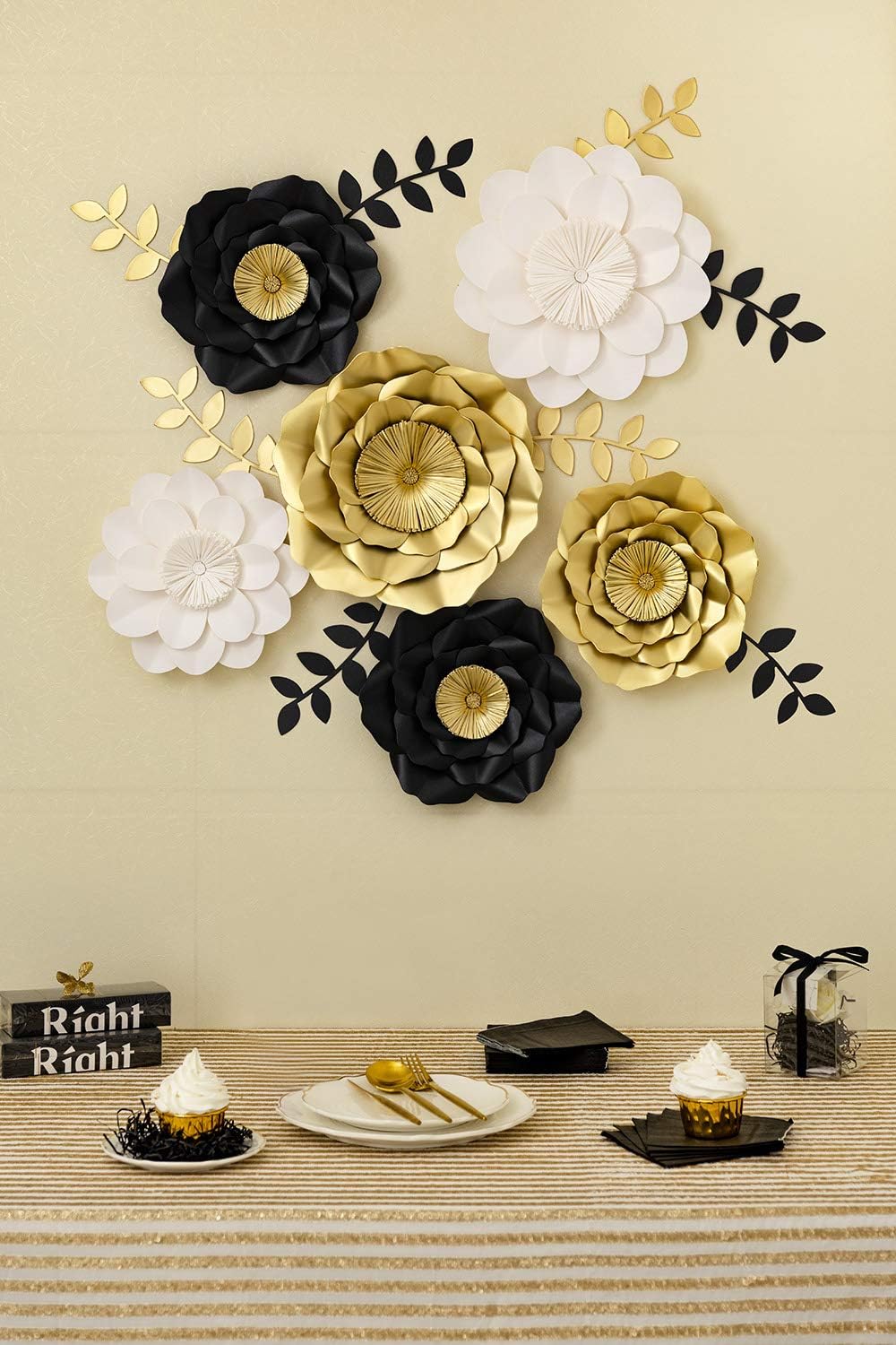 Amazon Com 3d Paper Flower Decorations Giant Paper Flowers Large Handcrafted Paper Flowers Gold Black White Set Of 6 For Wedding Backdrop Bridal Shower Graduation Party New Years Eve Party Kitchen Dining