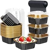 LNYZQUS 10oz Mini Cake Pans With Lids 40 Pack, Aluminum Foil Square Cupcake Liners Brownie Baking Cups,Disposable 4”x4” Large Cupcake Pan,Jumbo Muffin Tin Ramekins Holders-Black In Gold