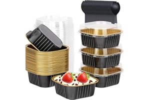 10oz Mini Cake Pans With Lids 40 Pack,LNYZQUS Aluminum Foil Square Cupcake Liners Brownie Baking Cups,Disposable 4”x4” Large Cupcake Pan,Jumbo Muffin Tin Ramekins Holders-Black In Gold