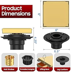 DLONE Square Shower Drain | 6 Inch Brushed Gold