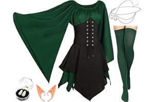 Jadive 5 Pcs Women Elf Renaissance Medieval Dress Traditional Irish Fairy Viking Costume Elf Ear for Halloween Cosplay
