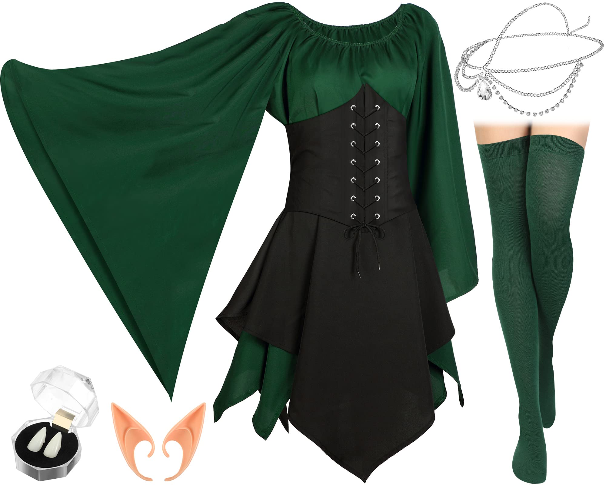 Photo 1 of Jadive 5 Pcs Women Elf Renaissance Medieval Dress Traditional Irish Fairy Viking Costume Elf Ear for Halloween Cosplay Party(Medium,Green, Black)