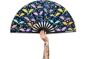 Raveahem UV Glow Large Rave Bamboo Folding Clack Hand Fan for men/women Handheld Fan for EDM, Music Festival,Club,Freaky,Event,Party,Dance,Performance,Decoration, Gift (Multicolored Bats)