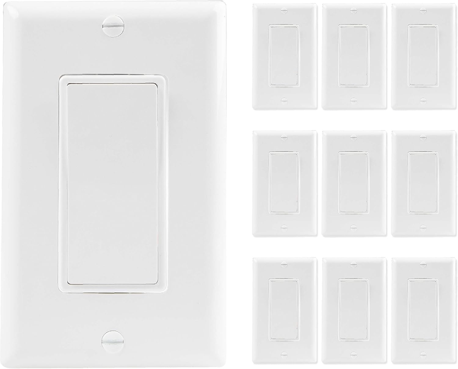 Rocker Light Switch with Wall Plate, 10 Pack, White - 3 Way Decorator Paddle Switch, Three Wire, Residential Grade, 15 Amp, 120/277V, UL Listed - - 