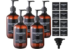 Mithrgrous 5-Pack Amber Refillable Shower Bottles With Labels - 16.9oz (500ml) Reusable Shampoo and Conditioner Dispenser