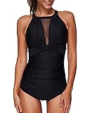 Tempt Me Women One Piece High Neck V-Neckline Mesh Ruched Monokini Swimwear