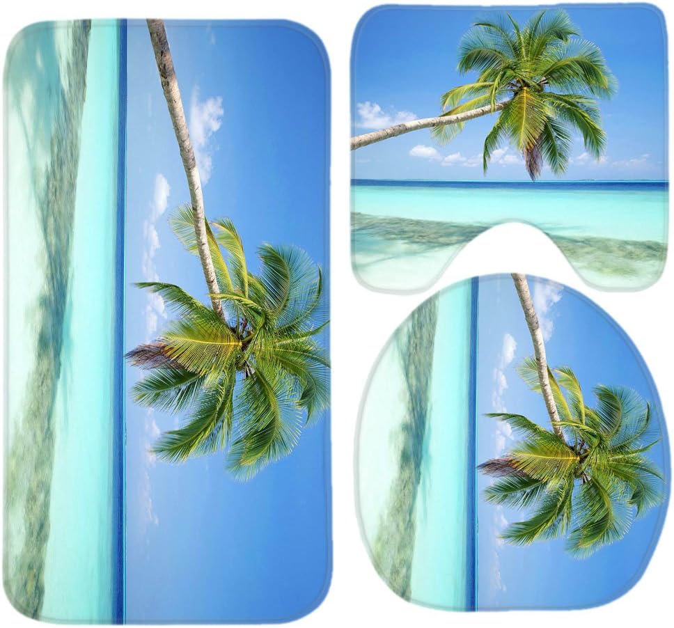 Sandy Tropical Paradise Beach with Palm Trees and the Sea Ocean Bath Mat Set,3 Piece Bathroom Mats Set Non-Slip Bathroom Rugs/Contour Mat/Toilet Cover by TEYAYA