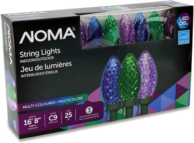 NOMA C9 LED Christmas Lights 25 Purple, Blue, Green Bulbs 16.8 Ft