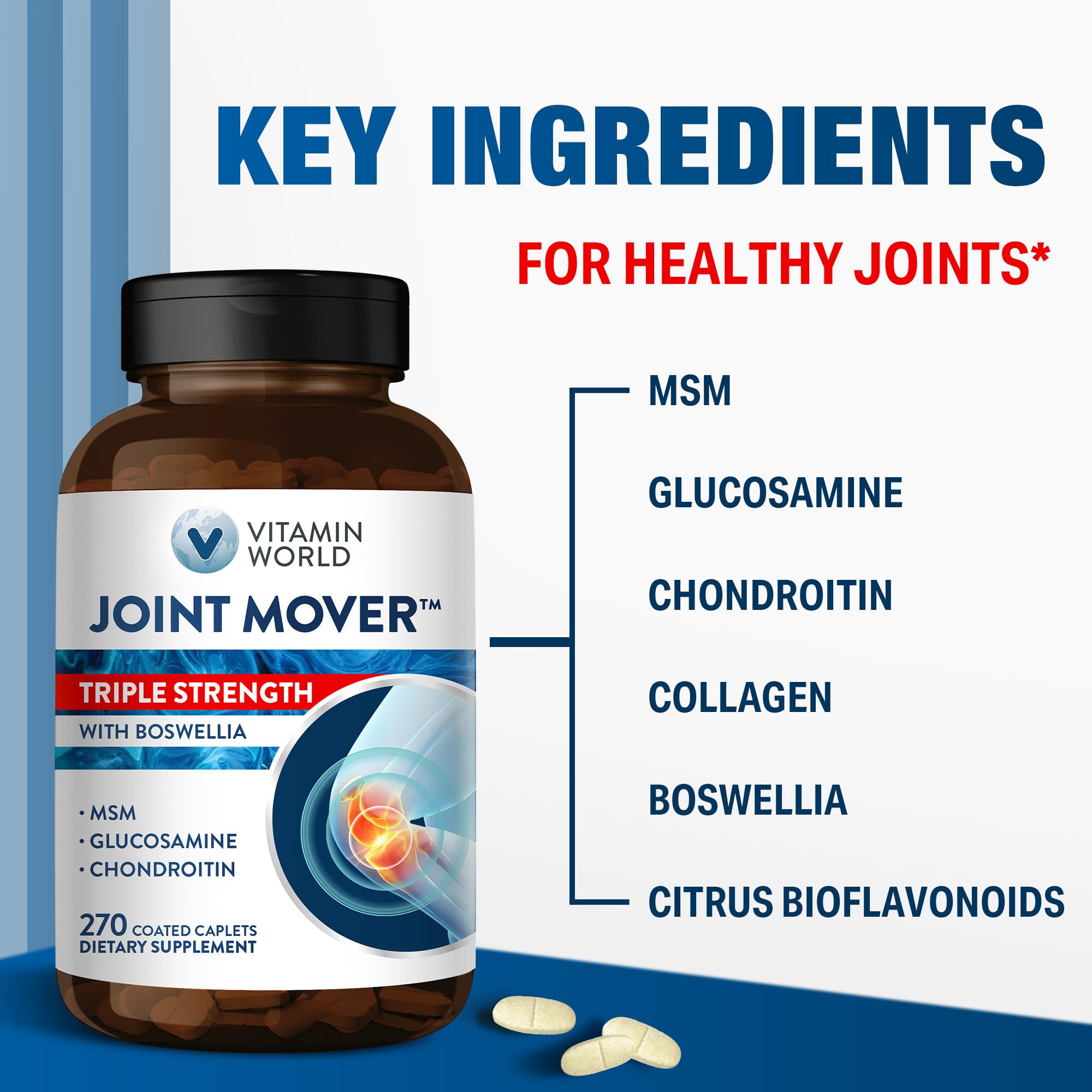 Vitamin World Triple Strength Joint Mover, Glucosamine Chondroitin with MSM Joint Support Supplement, Collagen & Boswellia Serrata Extract, Support Joint Strength, Comfort & Flexibility, 270 Caplets