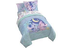 JAY FRANCO Disney Lilo and Stitch Full Size Comforter Set - 7 Piece Floral Bedding Includes Sheet Set & Pillow Covers Features Angel - Super Soft Purple & Teal Stars Kids Bedding