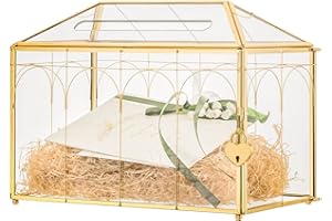 NCYP 32 x 15 x 23 cm Geometric Glass Cards Box with Slot and Lock for Wedding Reception, Party Decor, Gold - Slot Size 18.5 x