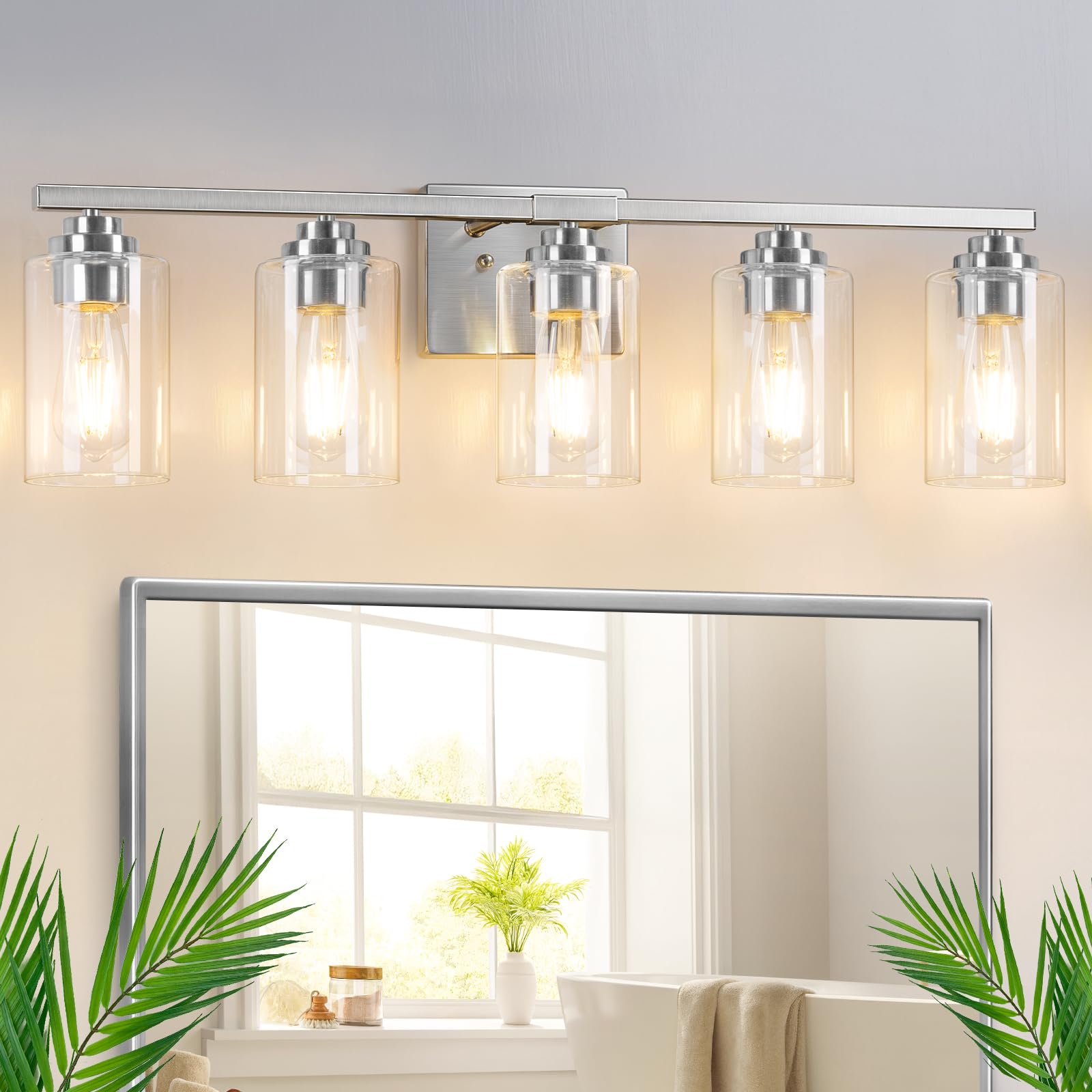 5-Light Bathroom Light Fixtures, 31" Modern Vanity Lights Over Mirror with Clear Glass Shades, Brushed Nickel Light Fixture, Classic Wall Light Fixture for Mirror Living Room Cabinet Bedroom Porch Image