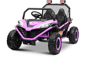 ALINUX 24 Volt 10AH Ride on Car UTV 2 Seater, Kids Electric Car, Metal Frame, Brake&Gas Pedal, EVA Tires, Bluetooth,Purple Pink
