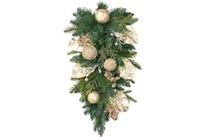 SHACOS Christmas Teardrop Swag for Front Door 25" Pine Swag with Silver Golden Berry Christmas Balls Champagne Leaves Xmas Decorations for Window Stair Wall Mantel Holiday Home Decor Indoor Outdoor