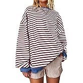 UEU Women Oversized Striped Crewneck Sweatshirt Long Sleeve Color Block Pullover Tops Casual Loose Workout Shirt