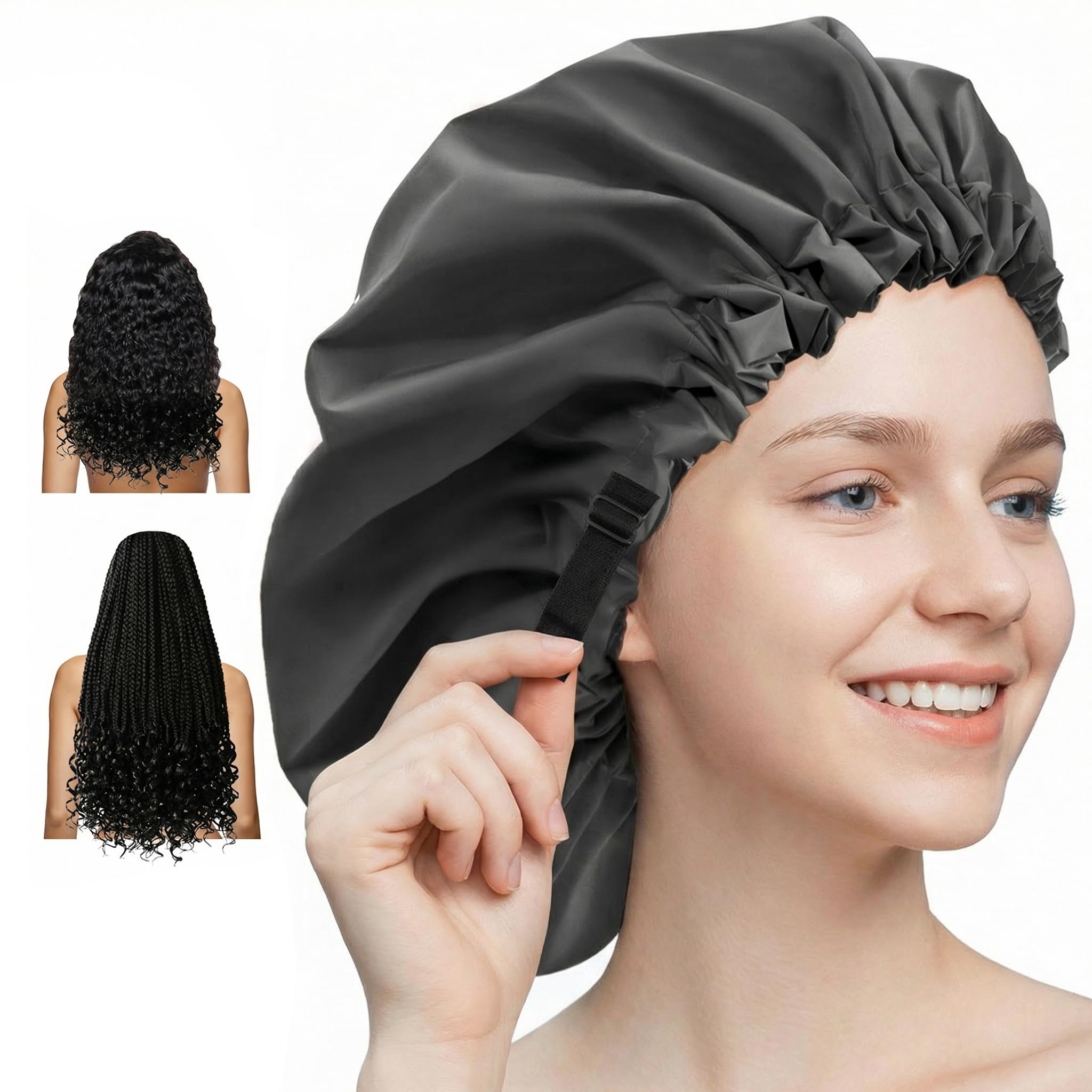 Aquior Extra Adjustable Double-Layer Waterproof Reusable Shower Cap, Large Size for All Hair, Girls Spa Bath, Soft and Comfortable