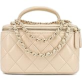 M-ioi-M Small Genuine Leather Purse Quilted Crossbody Bag for Women, Mini Top-Handle Shoulder Handbag w/Gold Chain Strap