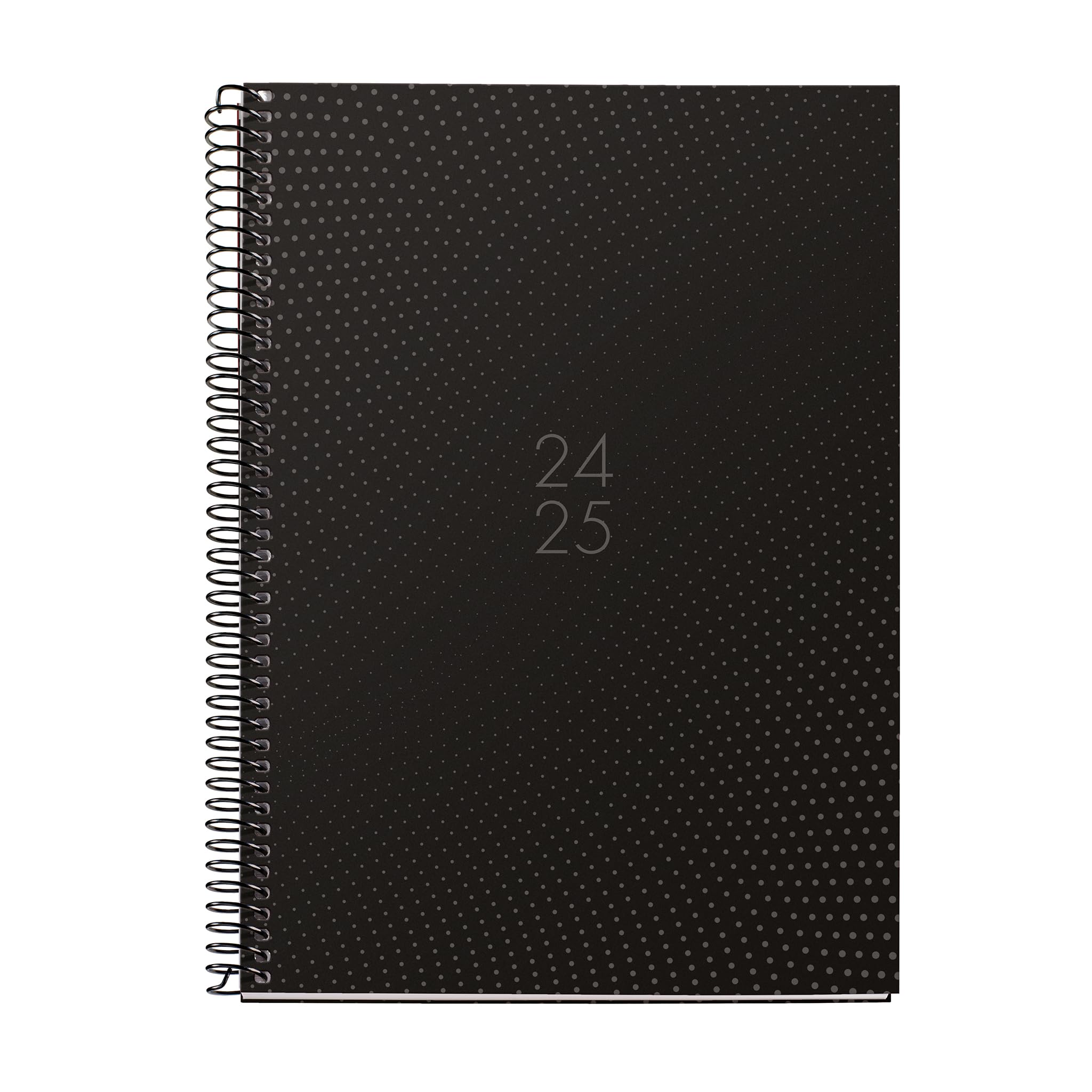 Miquelrius - Agenda 18 Months 24-25, July 2024 to December 2025, Plus Size 155 x 213 mm, Week View, Black Metallic Spiral, Lined Cardboard Cover, Spanish, English and Portuguese, Dots