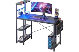 Bestier Gaming Desk with LED Lights, 44 Inch PC Gamer Desk for Small Spaces, Computer Desk with Reversible Storage Shelves & Side Storage Bag (Black Grained)