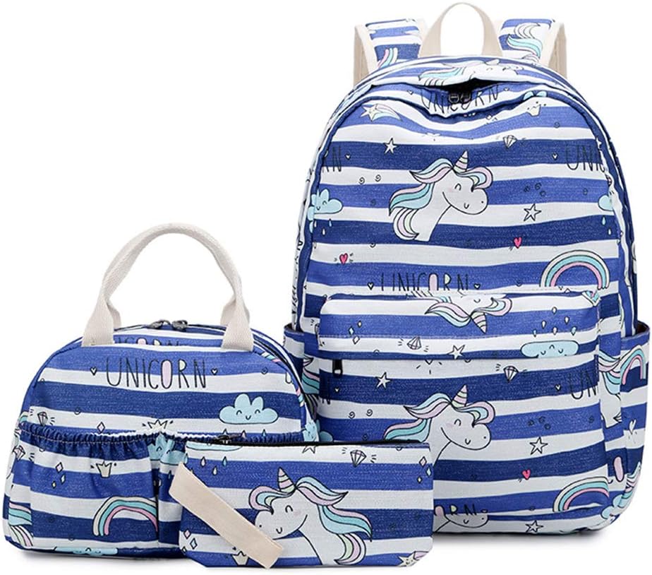 YANAIER Backpack for Teen Girls 3PCS Cute Unicorn School Book Bag Set with Lunch Bag and Pencil Case RoyalBlue Unicorn