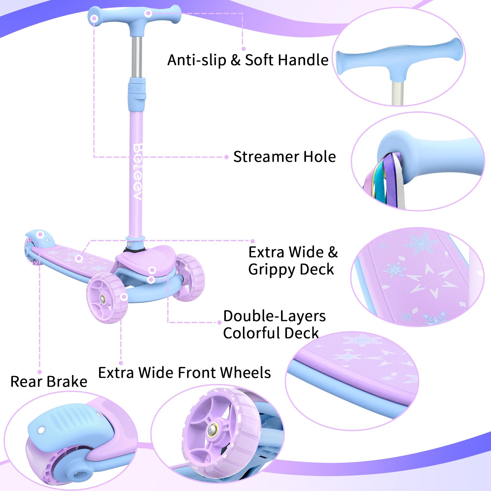 BELEEV A8 Scooter for Kids Ages 3-12, 3 Wheel Folding Scooter for Toddlers Girls Boys, LED Light-Up Wheels, 4 Adjustable Height, Lean to Steer, Extra Wide Wheels, Three Wheel Kick Scooter for Children