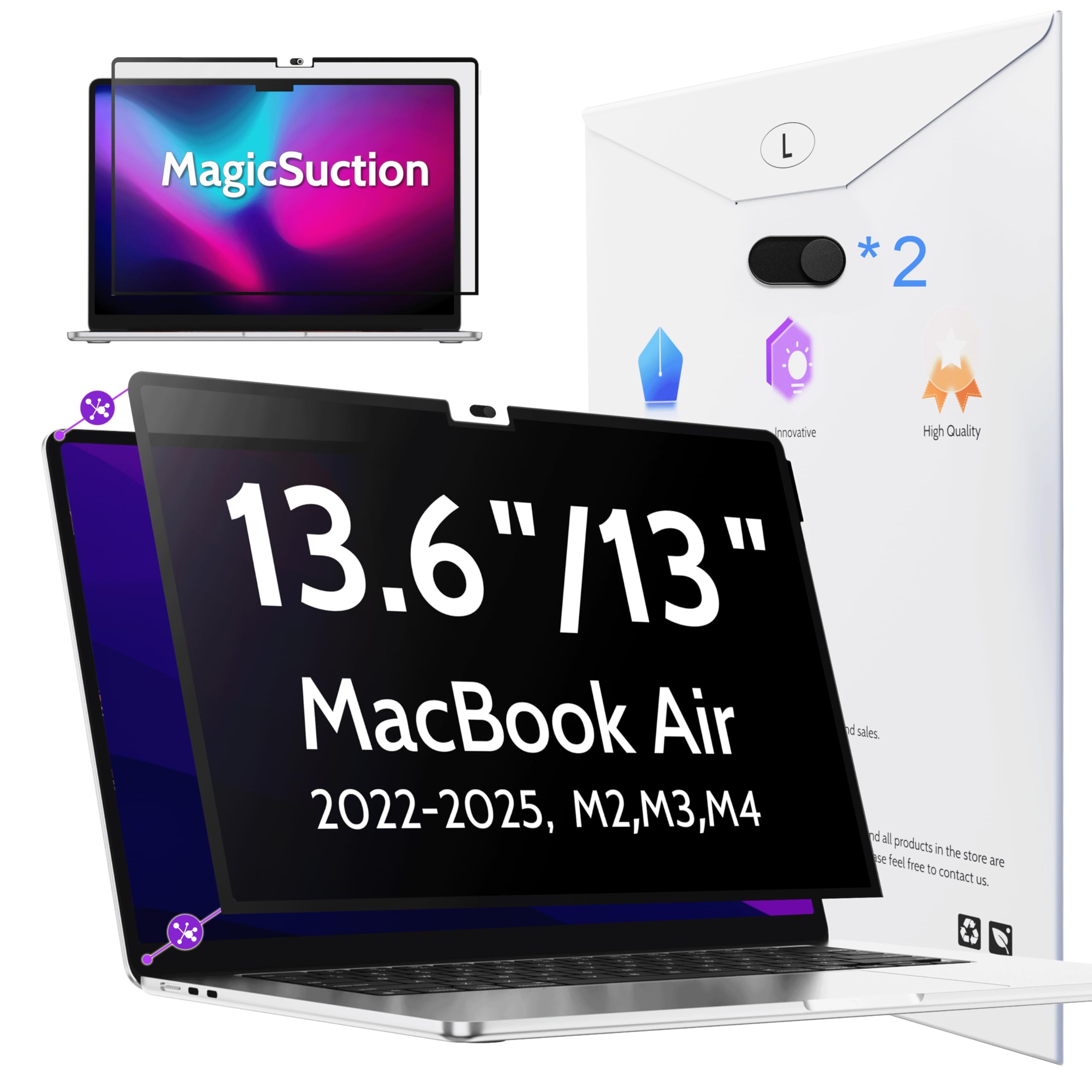 Photo 1 of Peslv Privacy Screen for MacBook Air 13.6/13 Inch (2022-2025, M2, M3, M4) - A2681, A3113, A3240 MagicSuction™ Removable Anti Spy Black Protector, Glare Blue Light Filter for Mac Laptop Computer