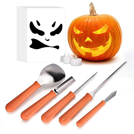 iTrunk Halloween Kürbis Schnitzset, 5 Stück Professionelle Edelstahl Kürbis Schnitzwerkzeuge mit 2 LED Kerzenleuchtern, Premi