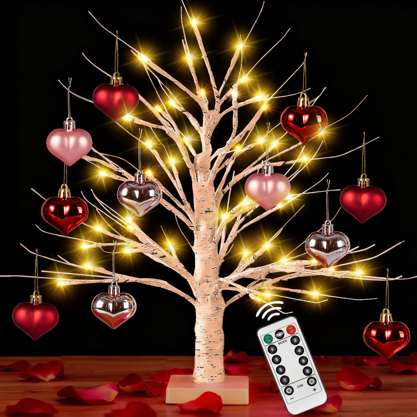 Photo 1 of [Timer] 24'' Valentine's 72 LED Lighted Birch Tree with 12pcs Ornaments,8 Lighting Modes LEDs Birch Tree Light Tabletop Pre Lit Tree Lights for Valentine Decor