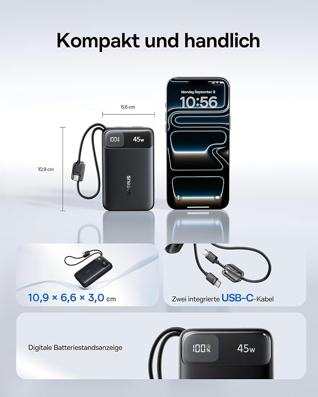 FC11 Powerbank CCC 45W 20000mAh 2 Integriertem USB-C Kabel, Schwarz