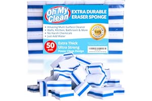 OH MY CLEAN (50 Pack) Extra Durable Eraser Sponge - Extra Thick, Long Lasting, Premium Melamine Sponges in Bulk - Multi-Purpose Power Scrubber - Bathroom, Kitchen, Floor, Bathtub, Toilet, Baseboard, Wall Cleaner