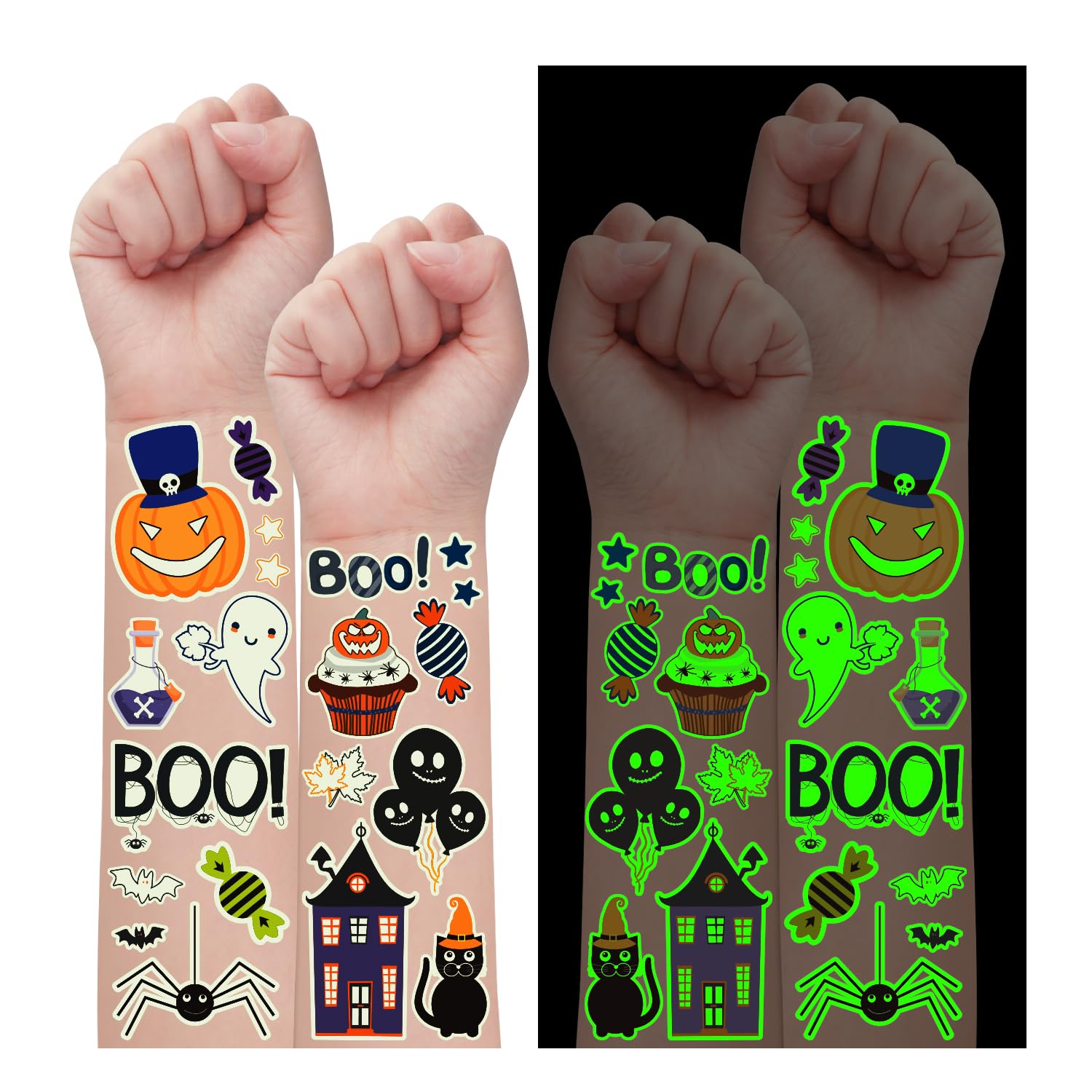 Partywind 135 Styles Luminous Tattoos, Glow Halloween Treats for Kids Party Supplies Favors Decorations, Cute Halloween Games Toys for Trick or Treat Party (12 Sheets)