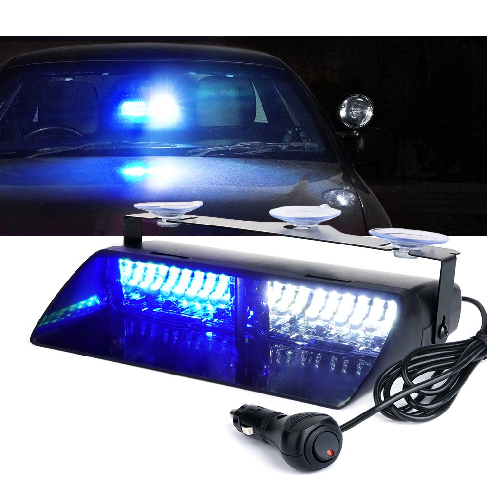 Xprite White & Blue 16 LED High Intensity LED Law Enforcement Emergency Hazard Warning Strobe Lights For Interior Roof/Dash/Windshield With Suction Cups