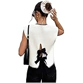 SweatyRocks Women's Short Sleeve Bow Sweater Vest Casual Cap Sleeve Cut Out Knit Pullover Tops Spring Trendy Outfits