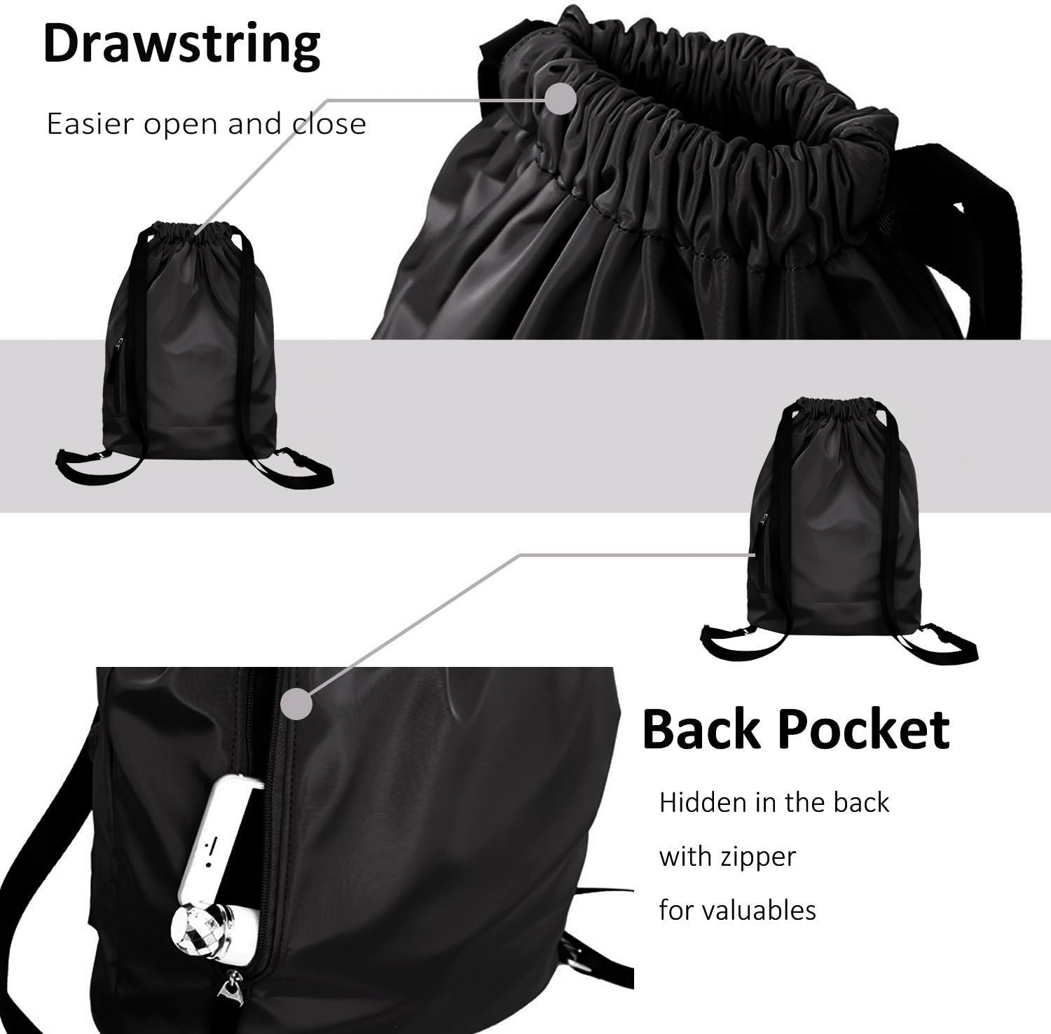 Risefit Waterproof Drawstring Gym Bags, Swim Bags for School PE for Men Women Kids, E-black, 28 Long - Image 3