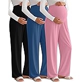 Sweetyweee 3 Pack Women's Maternity Pants Over The Belly Pregnancy Pants Stretchy Loose Wide Leg Lounge Trousers with Pockets(Black, Haze Blue, Pink,XX-Large)