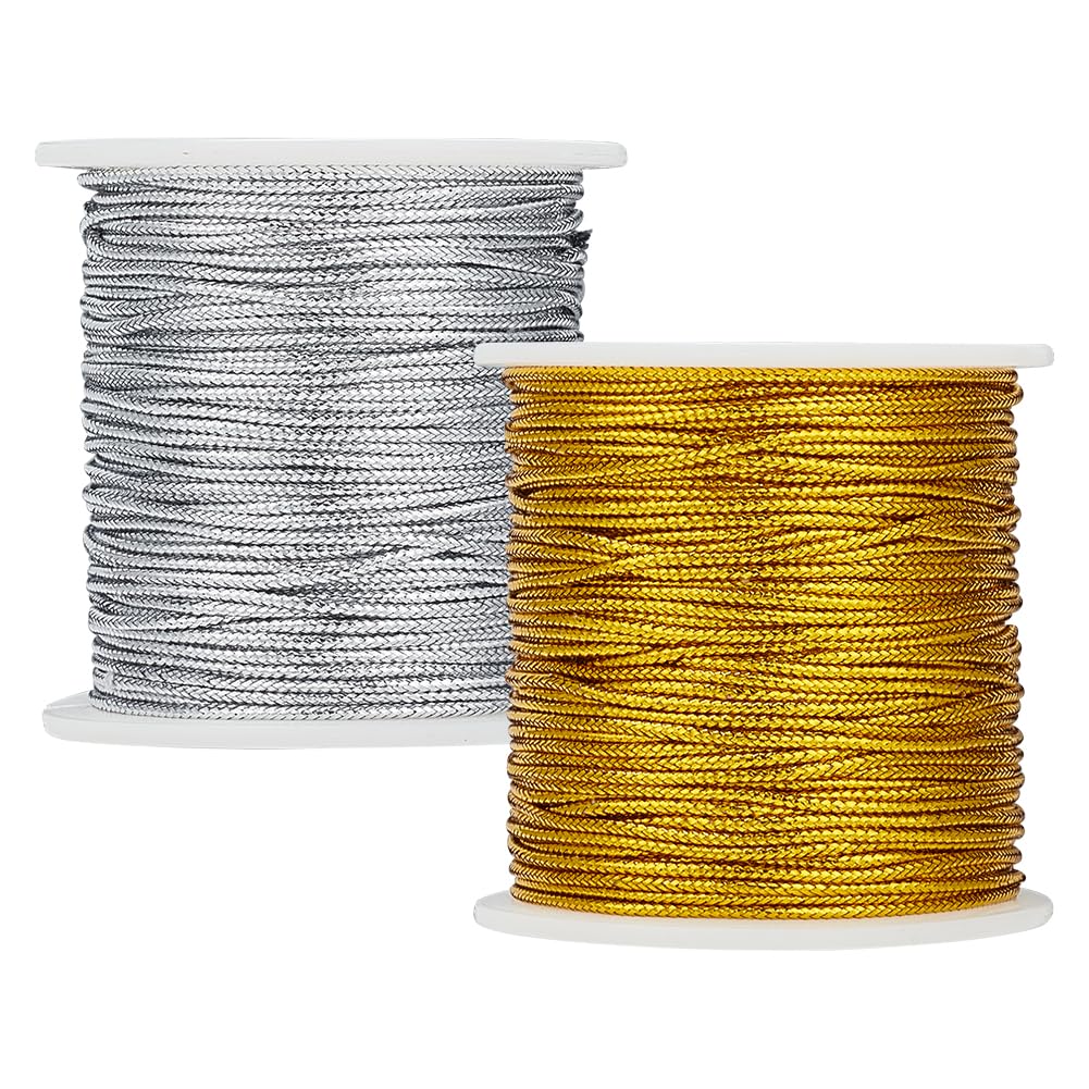 PandaHall 50m/Roll Gold Silver Cord, 2mm Braided Metallic Wire Christmas Cord Garland Chain Inelastic Cord Ornaments Wire for Craft Cards Gift Wrapping Home Ribbon Hanging, 2 Rolls