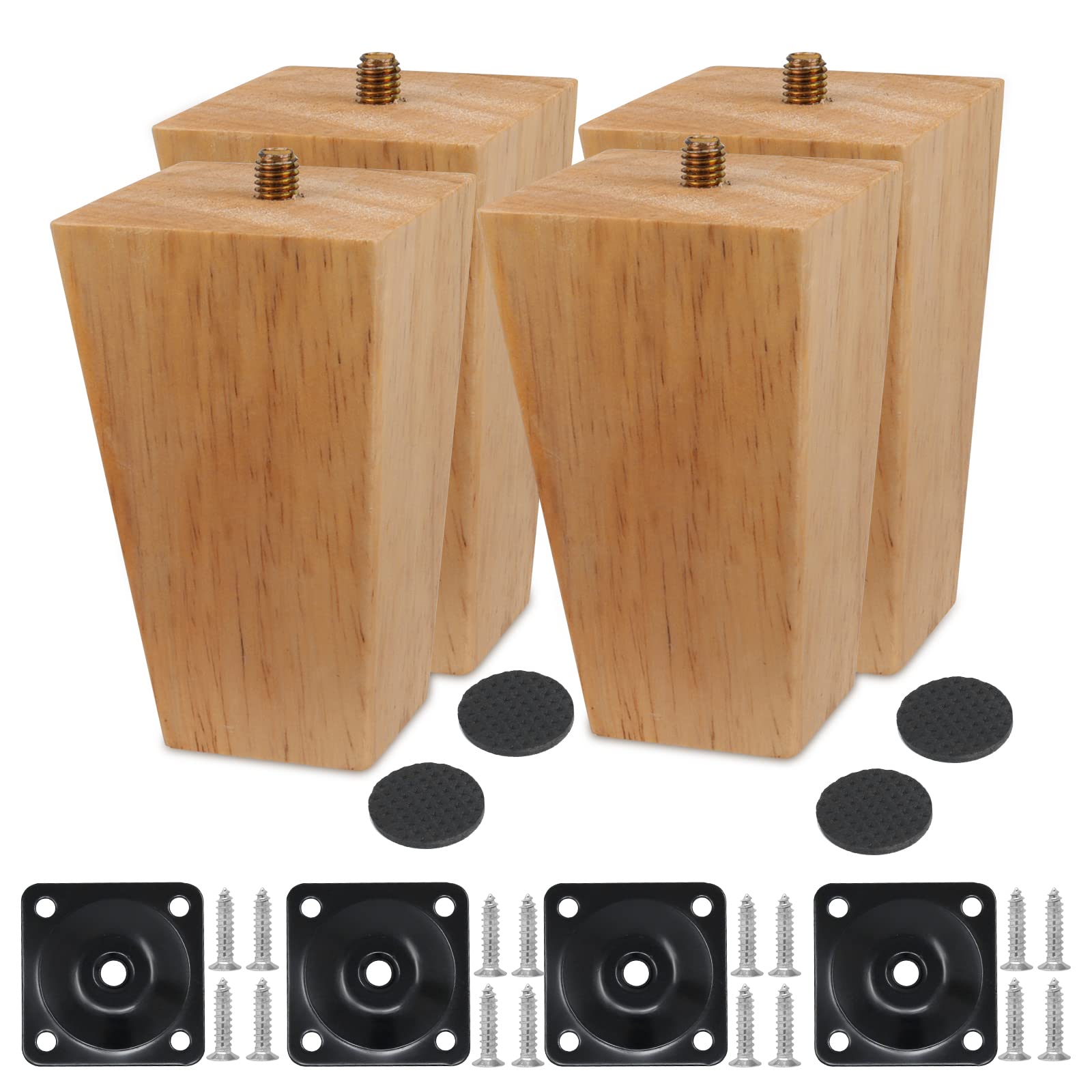 Wkmamo 4 Pcs Wooden Furniture Legs,Solid Beech Wooden Sofa Legs Replacement Furniture Feet,Table Legs Dresser Legs with Mounting Plate,Screws and Anti Slip Mats (10 cm-2, Straight)