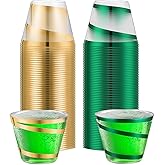 Gejoy 9 oz Rimmed Swirl Plastic Cups Disposable Wine Drinking Cups Clear Elegant Halloween Tumblers for Christmas Party Supplies(Gold, Green,100 Pcs)