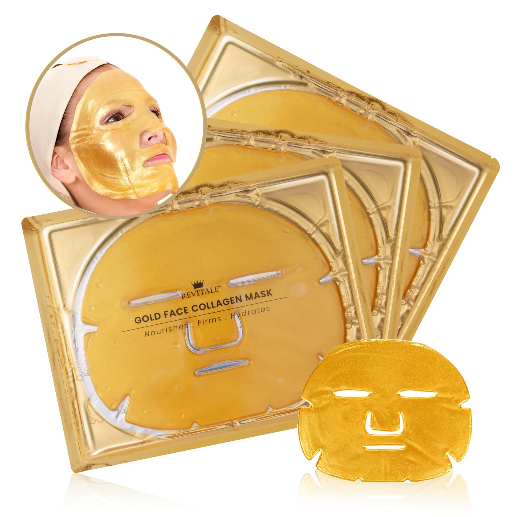 Revitale 24K Gold Face Mask (3 Pack) - Hydrating & Nourishing Sheet with Collagen and Natural Extracts for Radiant, Moisturised Skin